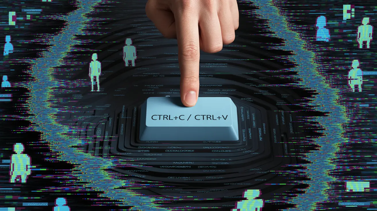 close-up of a hand pressing copy and paste shortcut key on a glitching digital keyboard interface