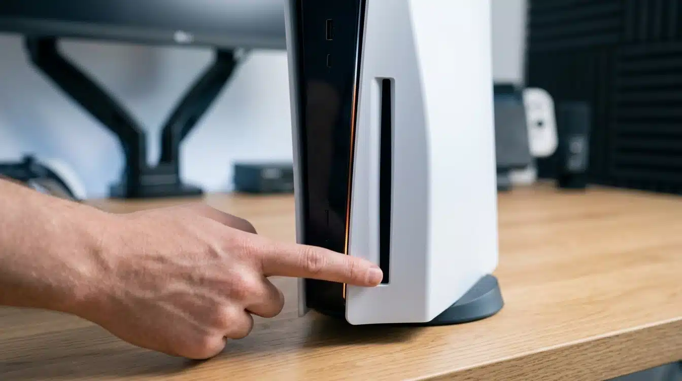close-up of hand pressing the PS5 console power button to shut down