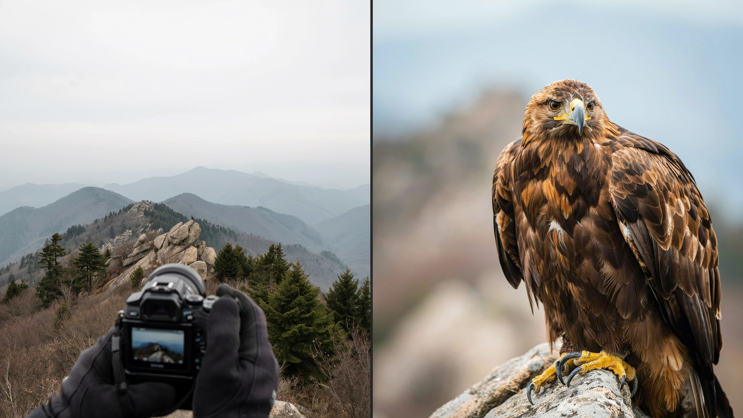 compact camera showing 30x optical zoom capturing distant eagle details across mountain landscape view