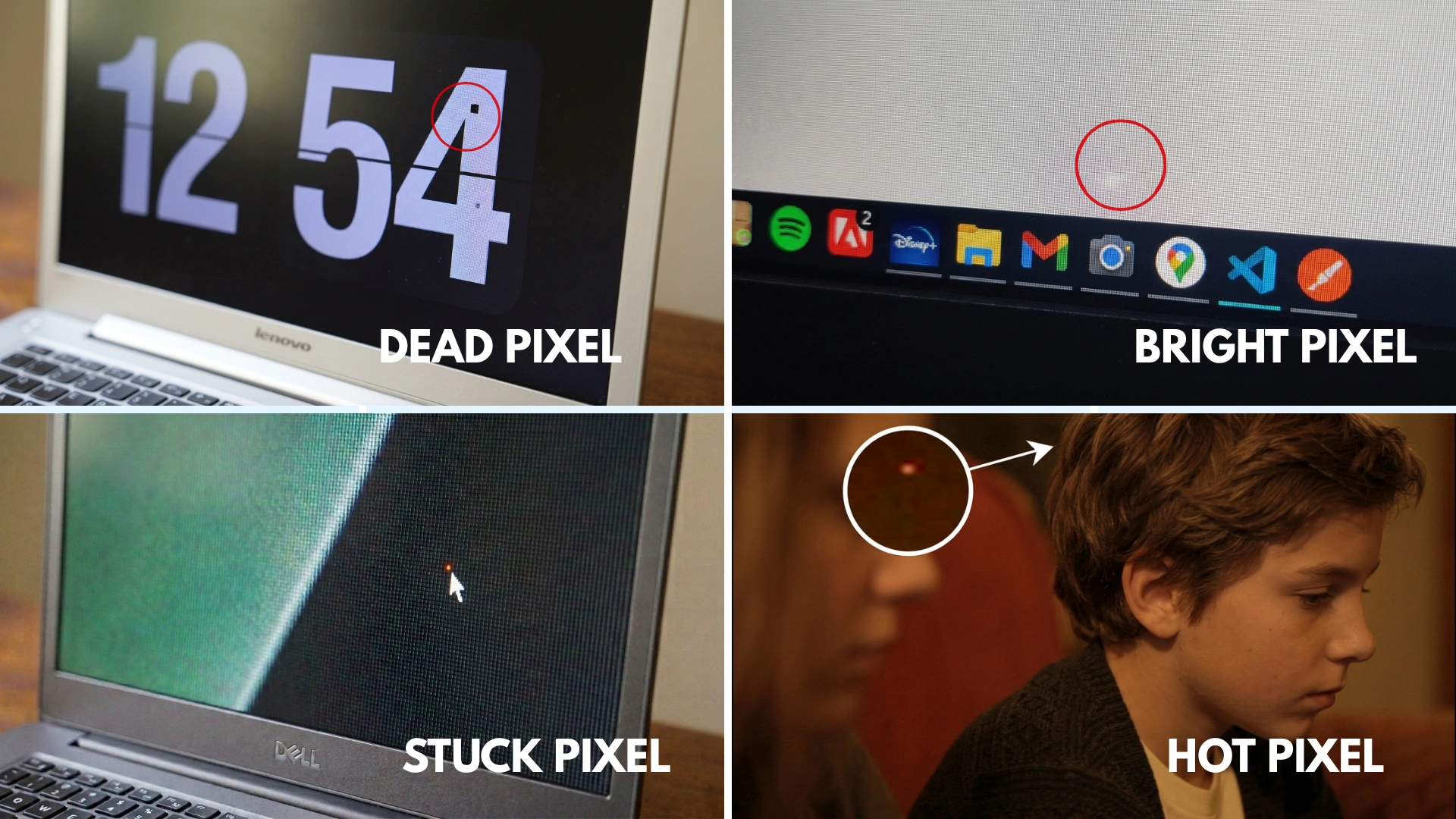comparison of dead stuck bright and hot pixels showing different screen defect types on displays