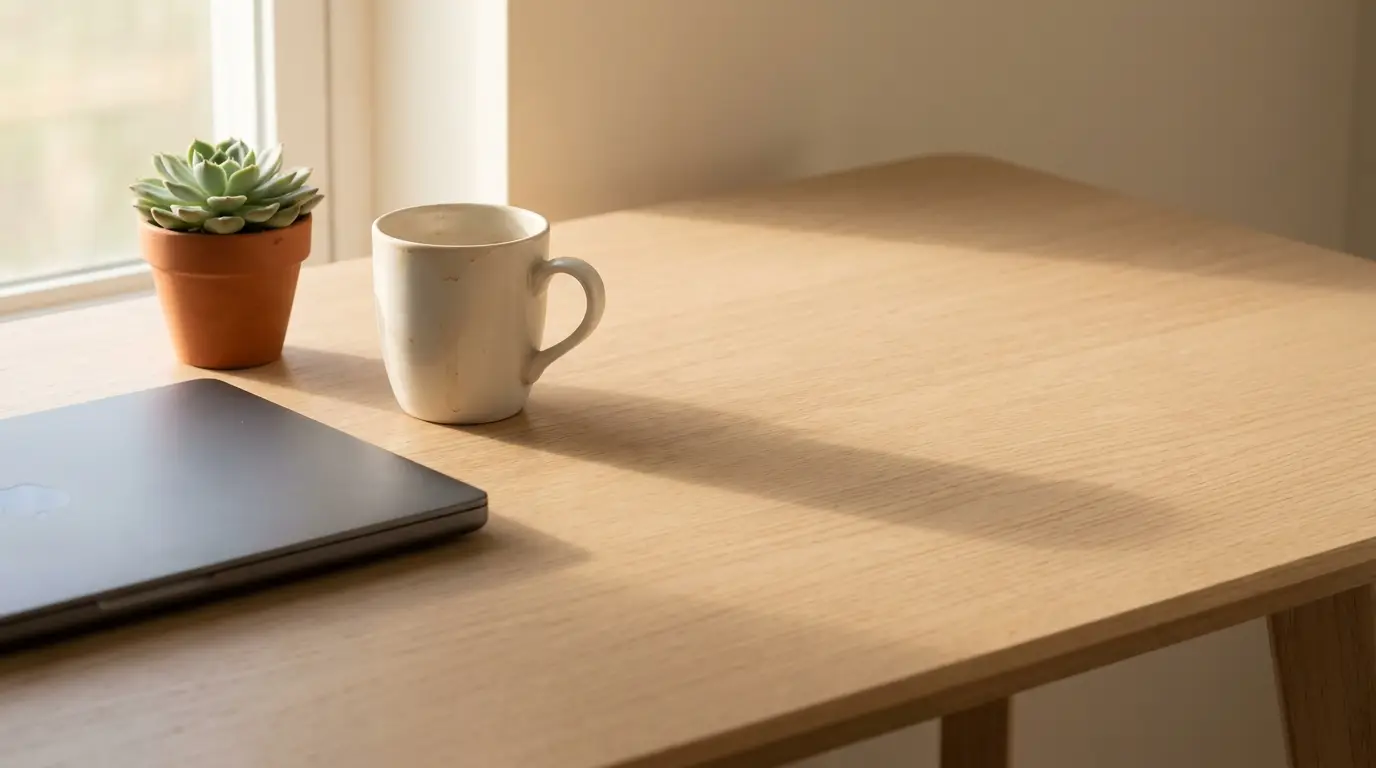 Laptop, white mug, and potted succulent on light wooden desk near window in soft daylight