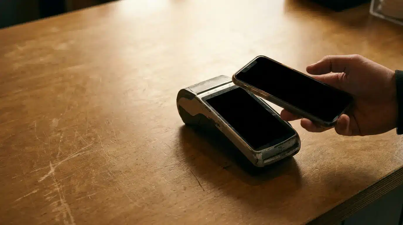 Mobile phone interacting with card reader on wooden countertop in warm light setting