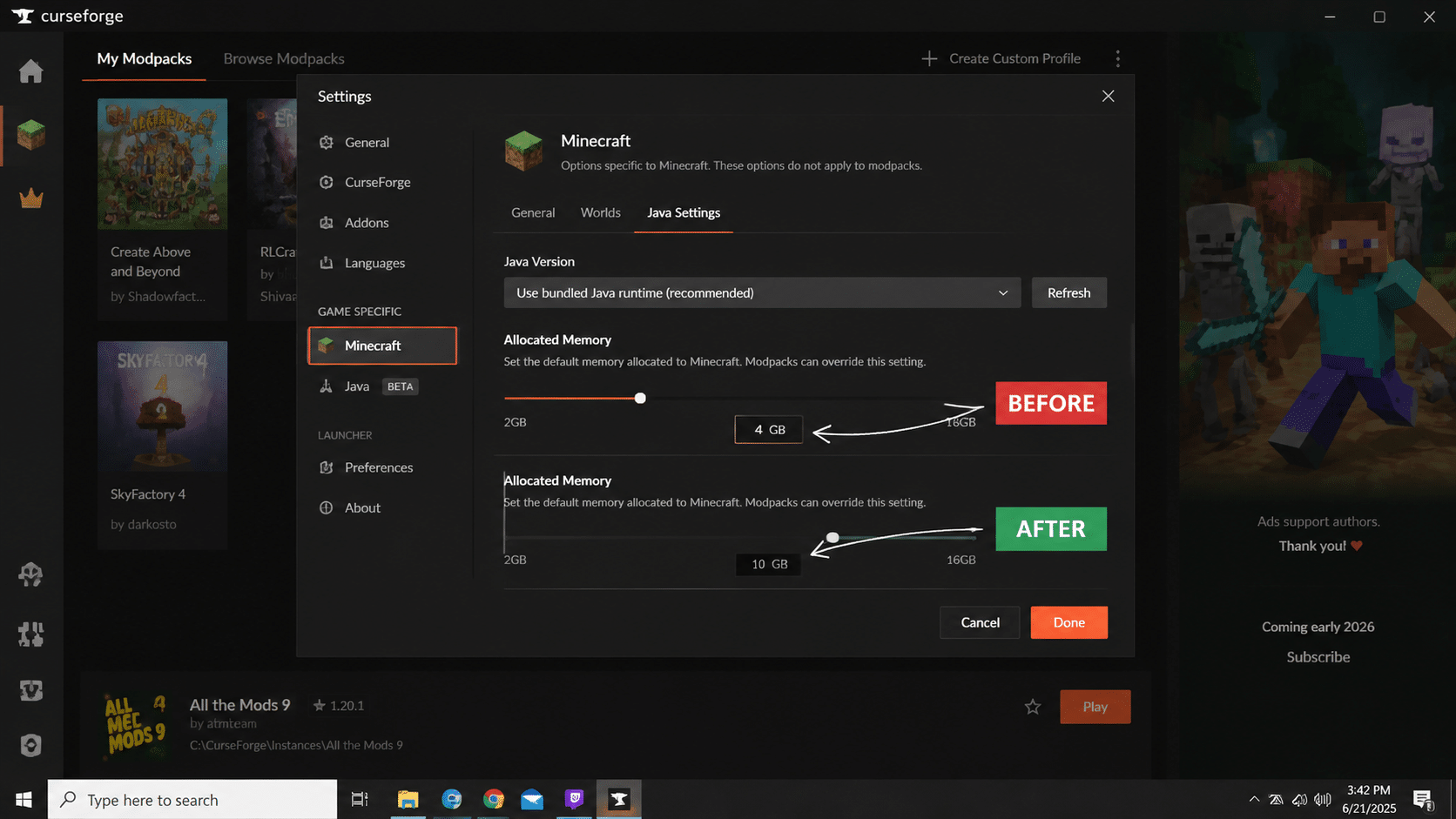curse forge minecraft launcher allocated memory slider setting