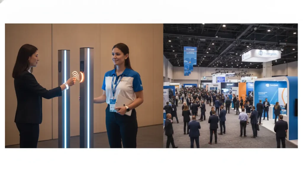 Women using contactless entry system at conference entrance and large crowd in bustling exhibit hall