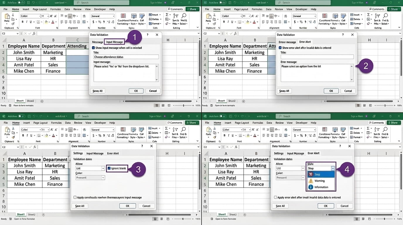 excel data validation customization settings showing input message error alert ignore blank and alert styles