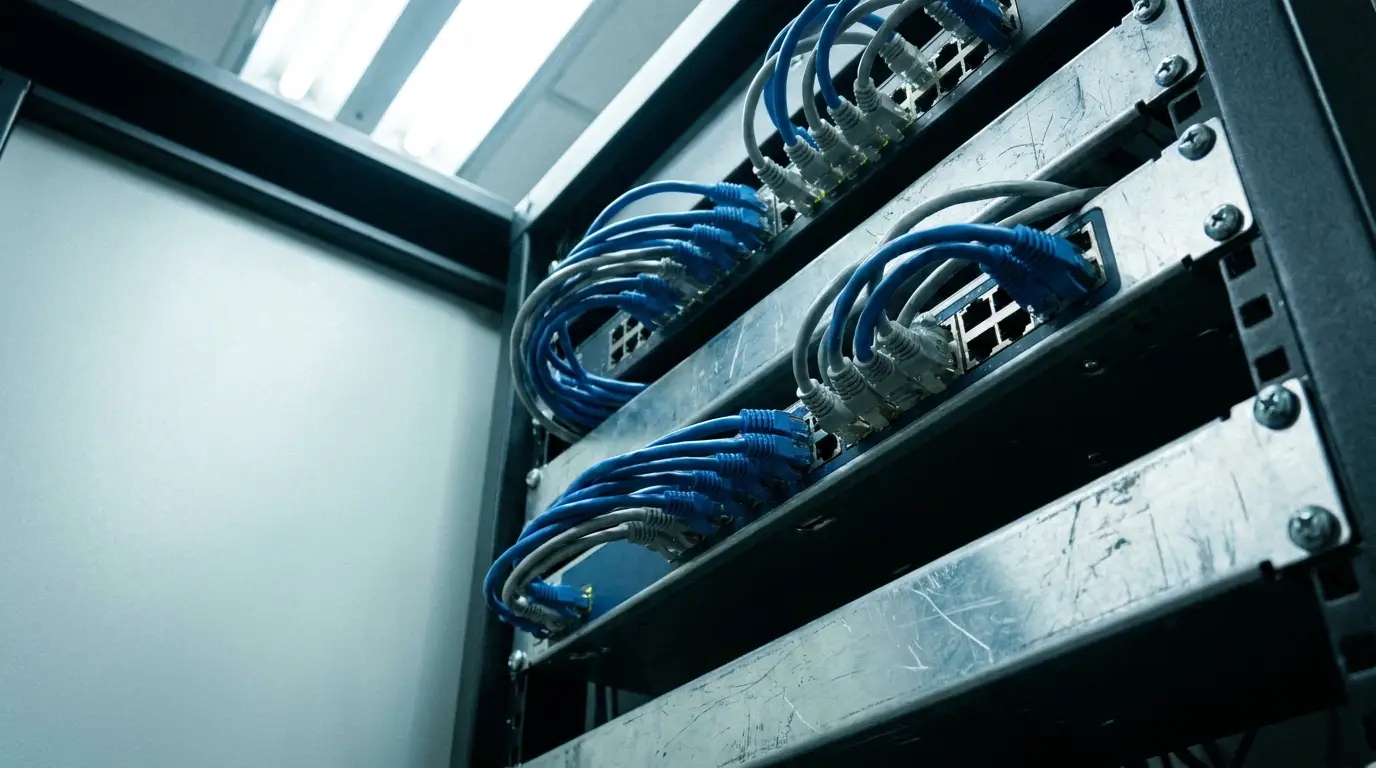 Server rack with several network cables connected in a data center under fluorescent lighting