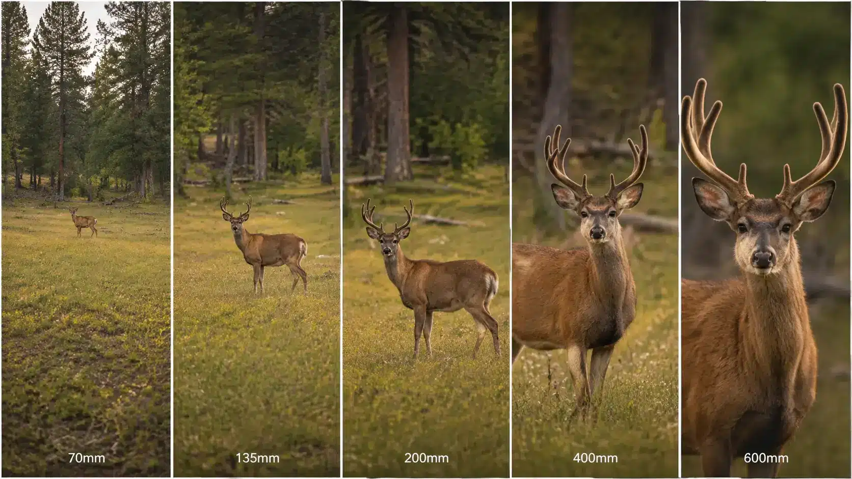 deer photographed at different telephoto focal lengths