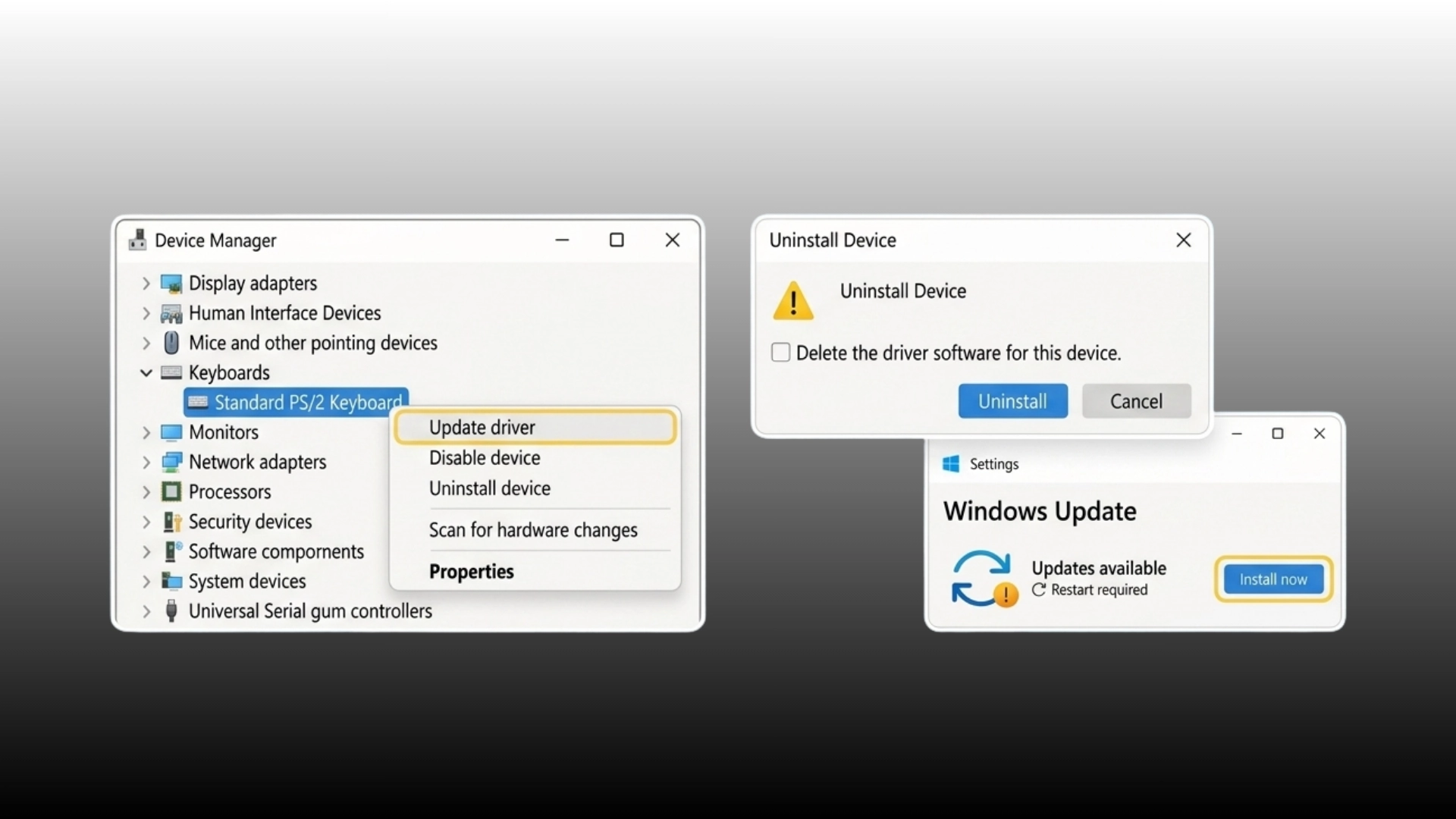 device manager showing keyboard driver update uninstall and windows update options