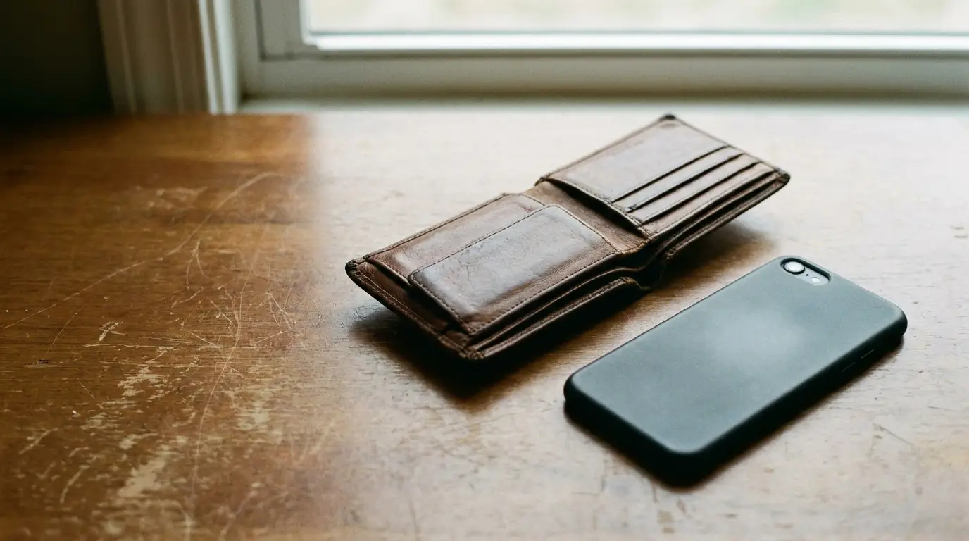 Open brown leather wallet and black smartphone on wooden table near window