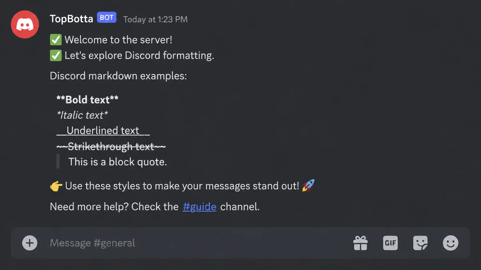 discord chat showing markdown formatting styles including strikethrough text