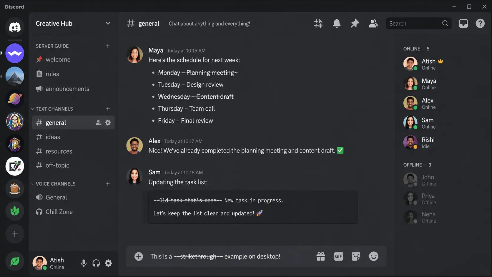 discord desktop interface showing strikethrough markdown message example