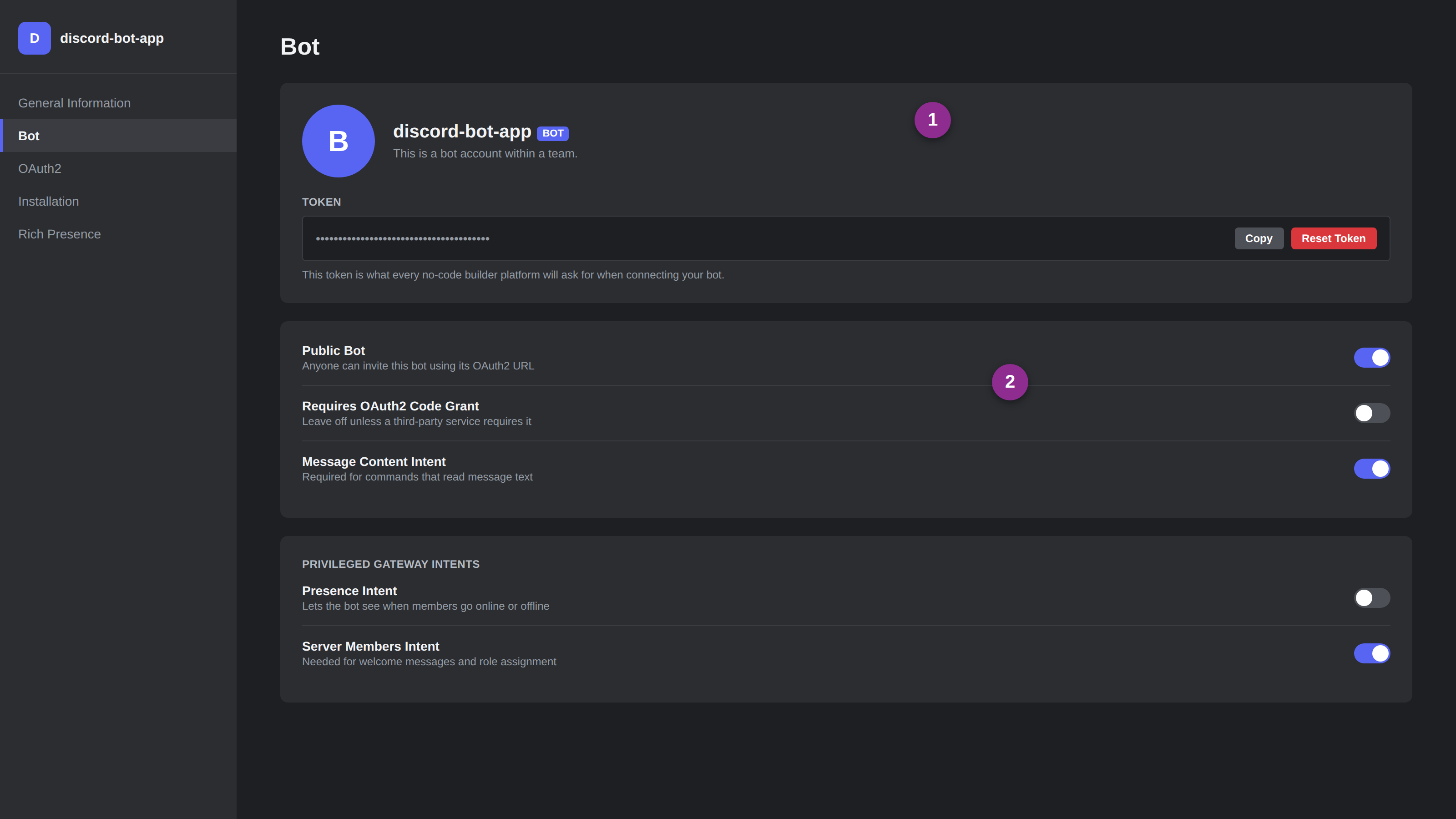 discord developer portal showing bot token setup for creating a discord bot