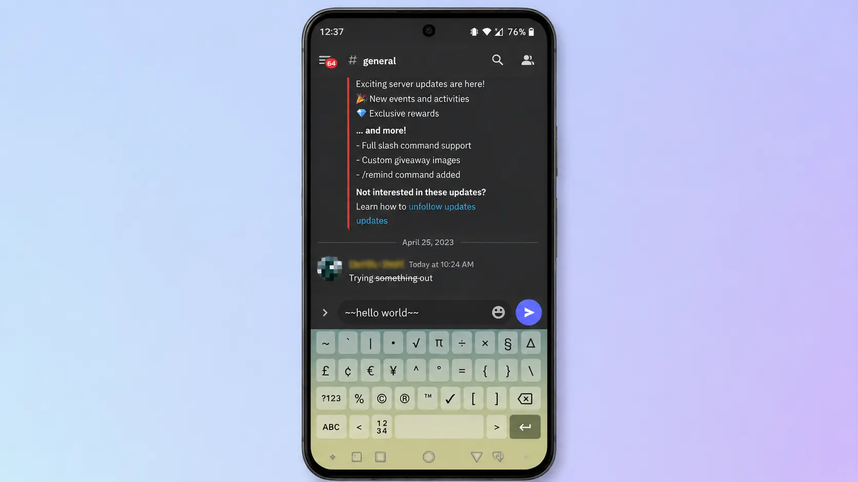 discord mobile chat showing strikethrough text formatting with keyboard