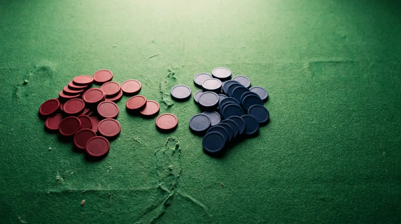 Red and blue poker chips scattered on green felt tabletop