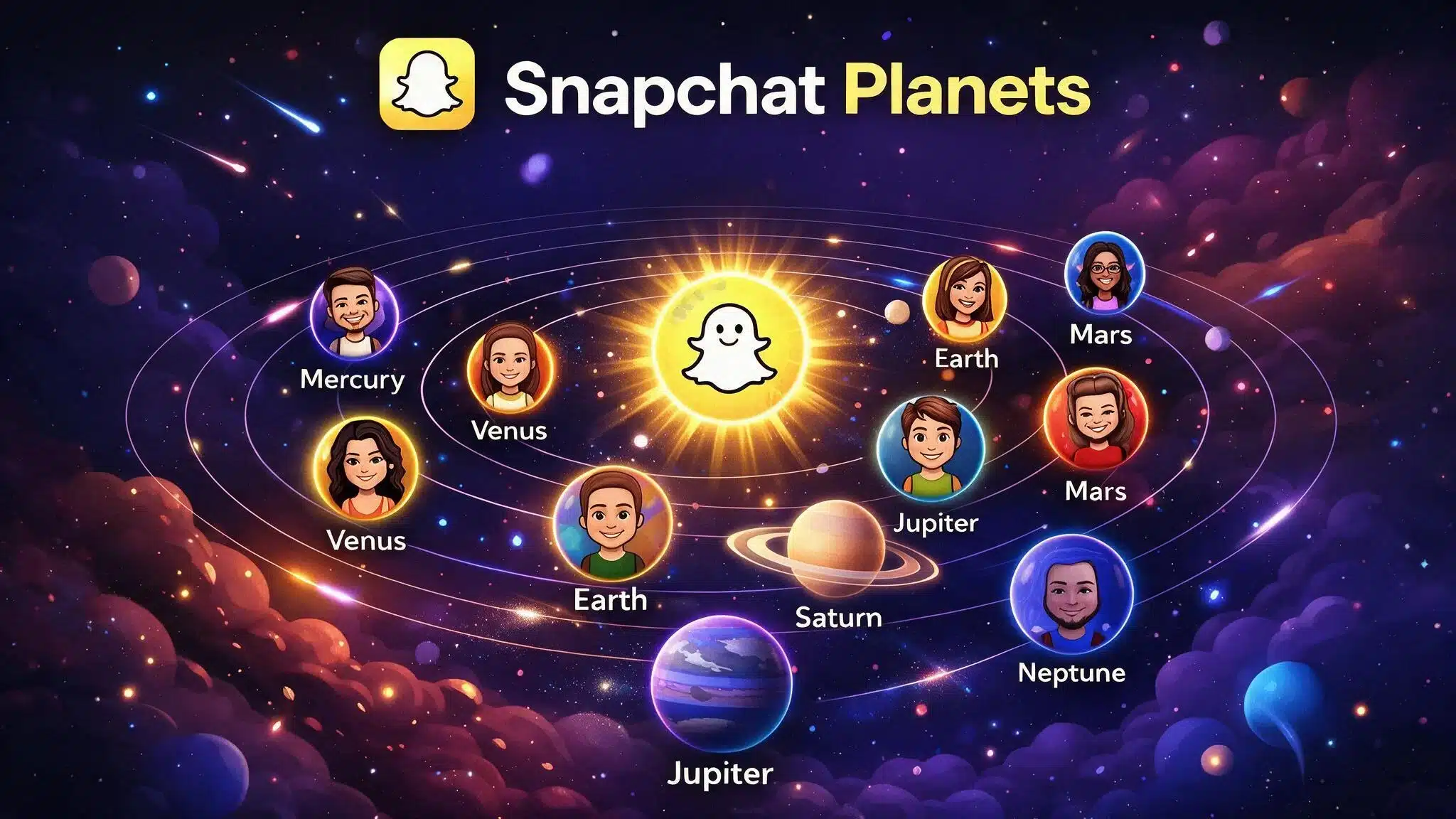 editorial style infographic showing eight small planets orbiting a central sun icon labeled