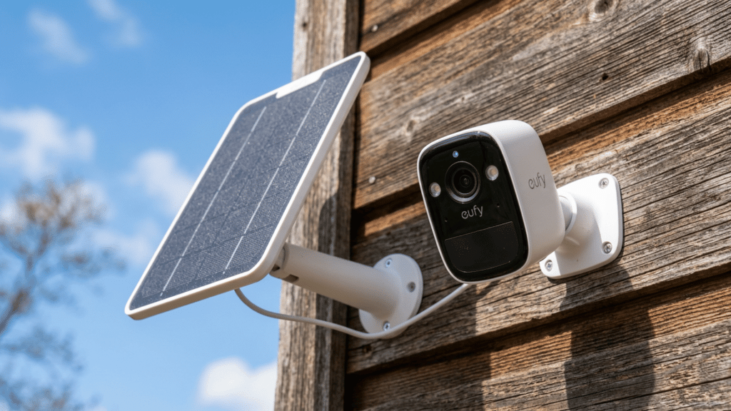 eufy security camera mounted outside a home with smartphone monitoring app and indoor homebase hub