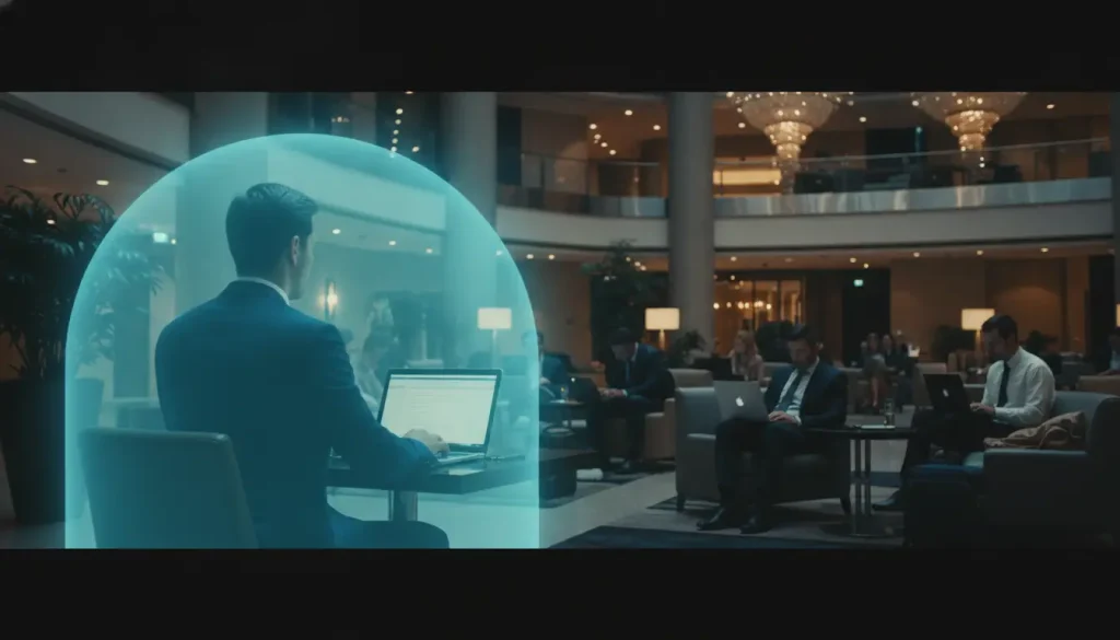 Man in suit working on laptop at table in hotel lobby with soft lighting atmosphere