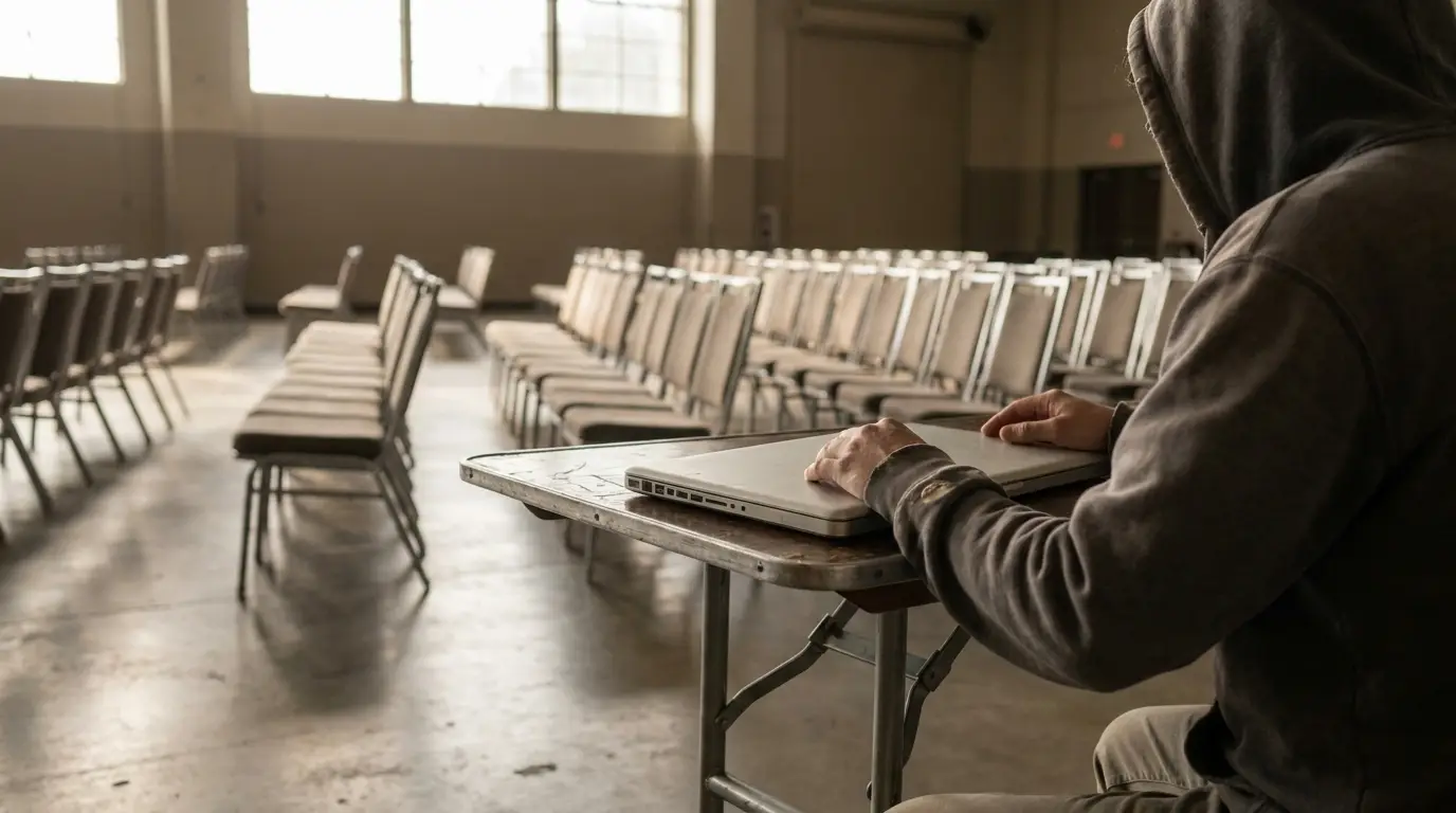 Hooded person with laptop in empty conference room with rows of chairs