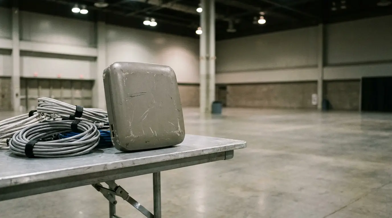 Weathered electrical box and coiled cables on metal table in empty industrial warehouse
