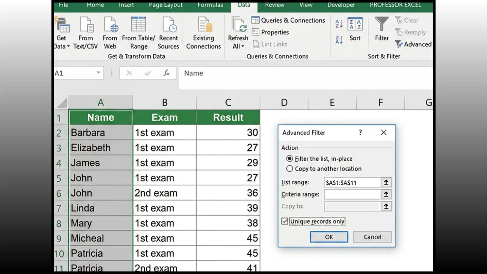 excel advanced filter showing unique records option for removing duplicate data from a table list