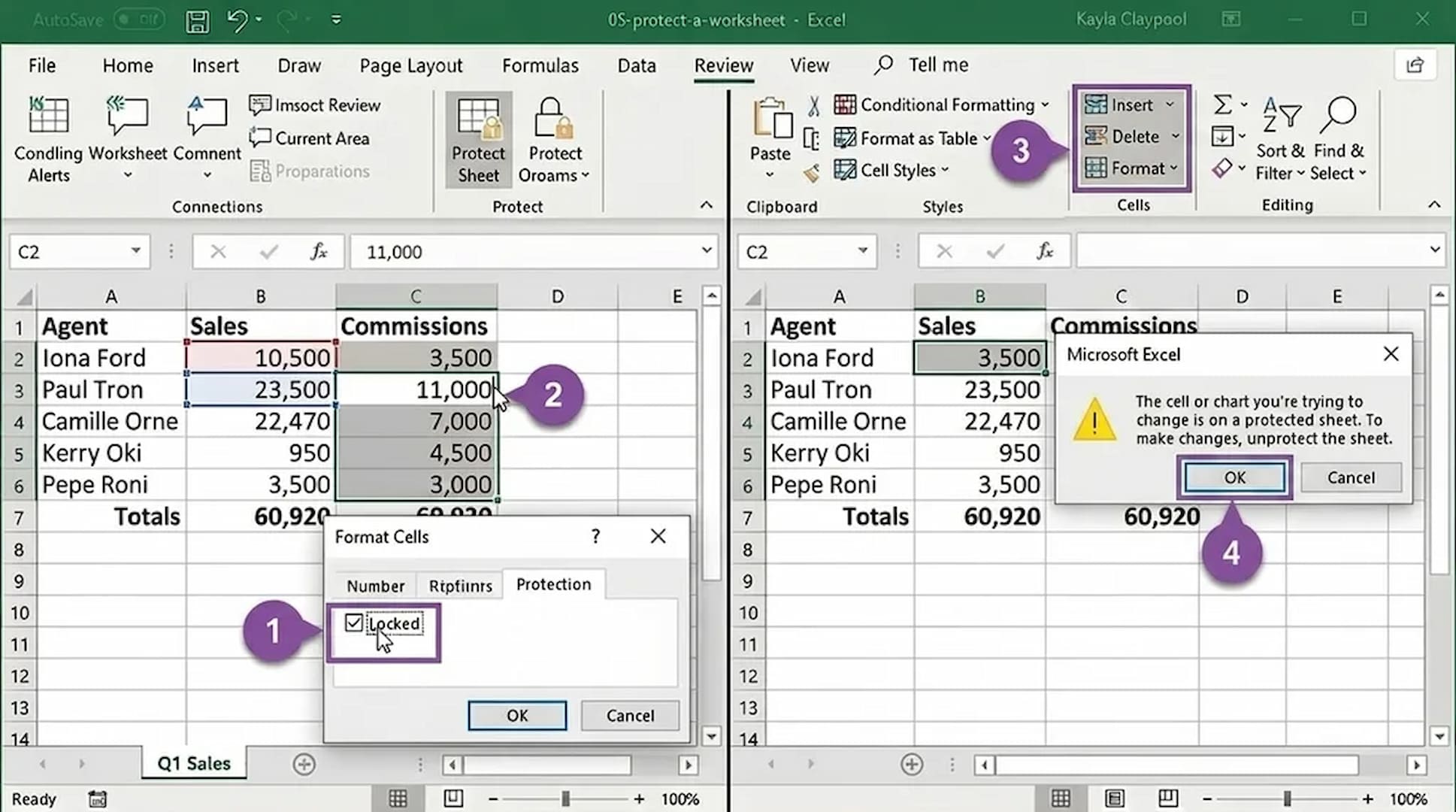 excel comparison showing locked cells without protection and worksheet protection enabled