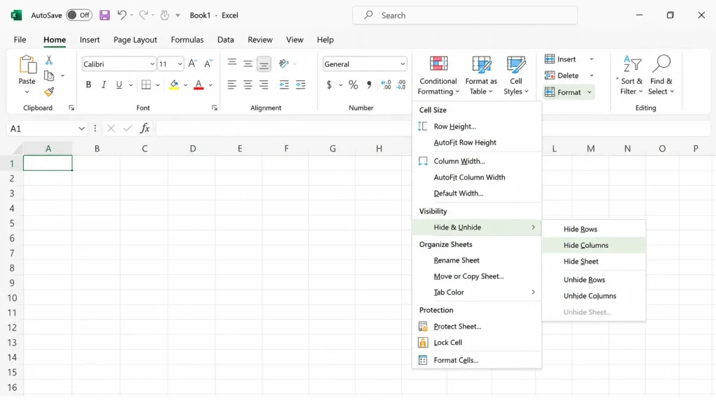 excel format hide and unhide columns menu option to restore hidden columns