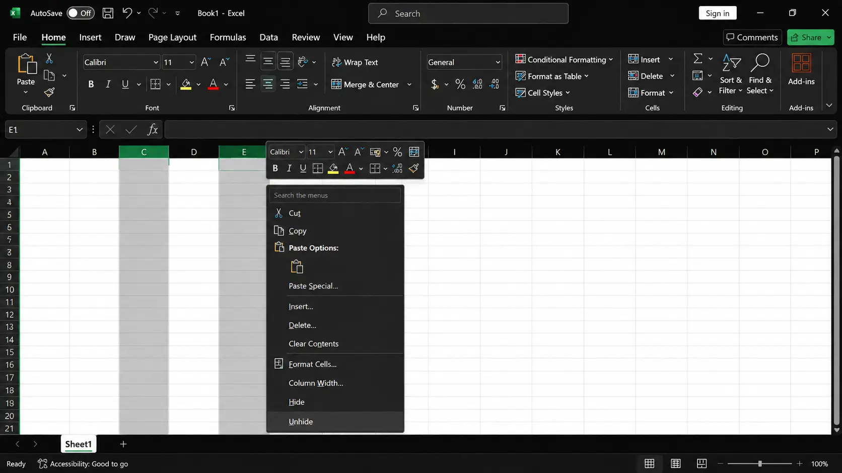 excel format hide and unhide columns option to restore hidden columns
