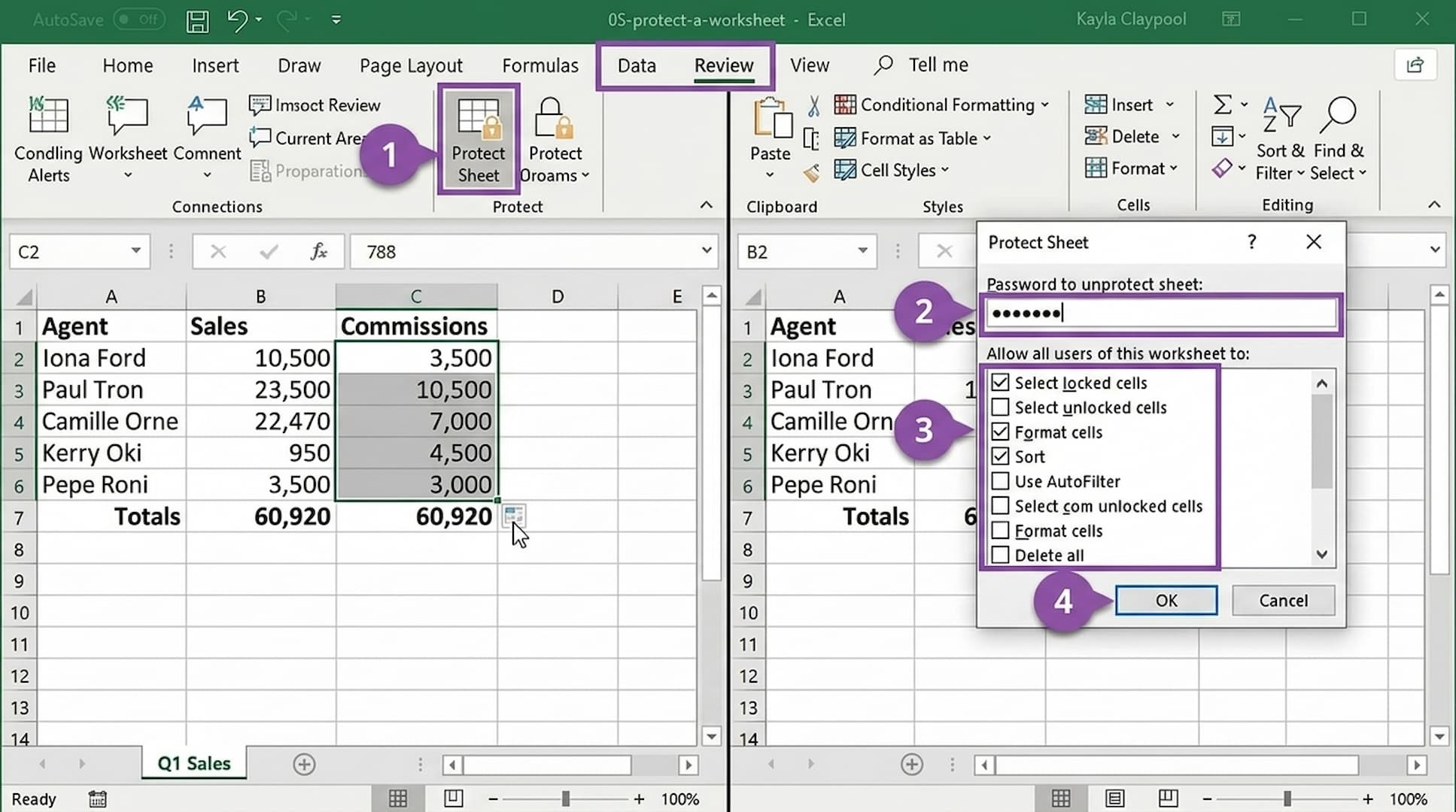 excel protect sheet dialog showing password protection and cell editing permissions