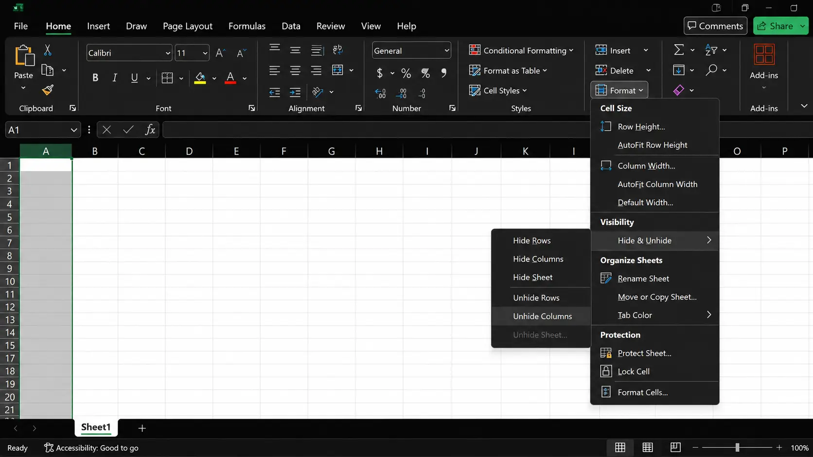 excel restore hidden first column using unhide columns option