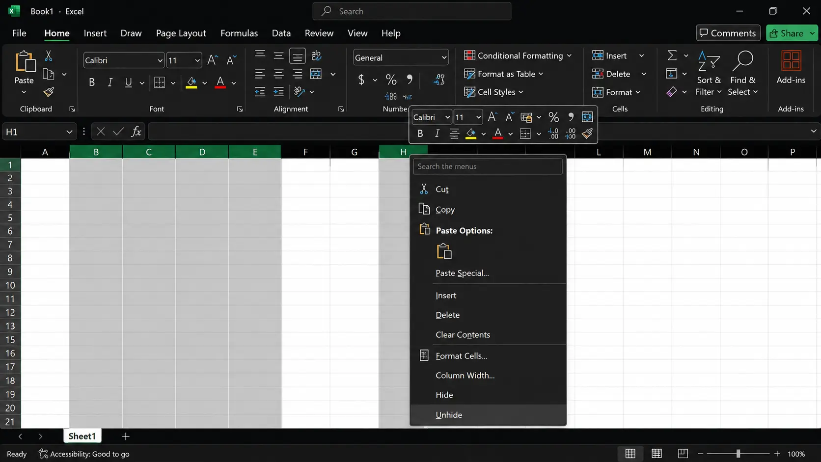 excel restore multiple hidden columns using unhide option