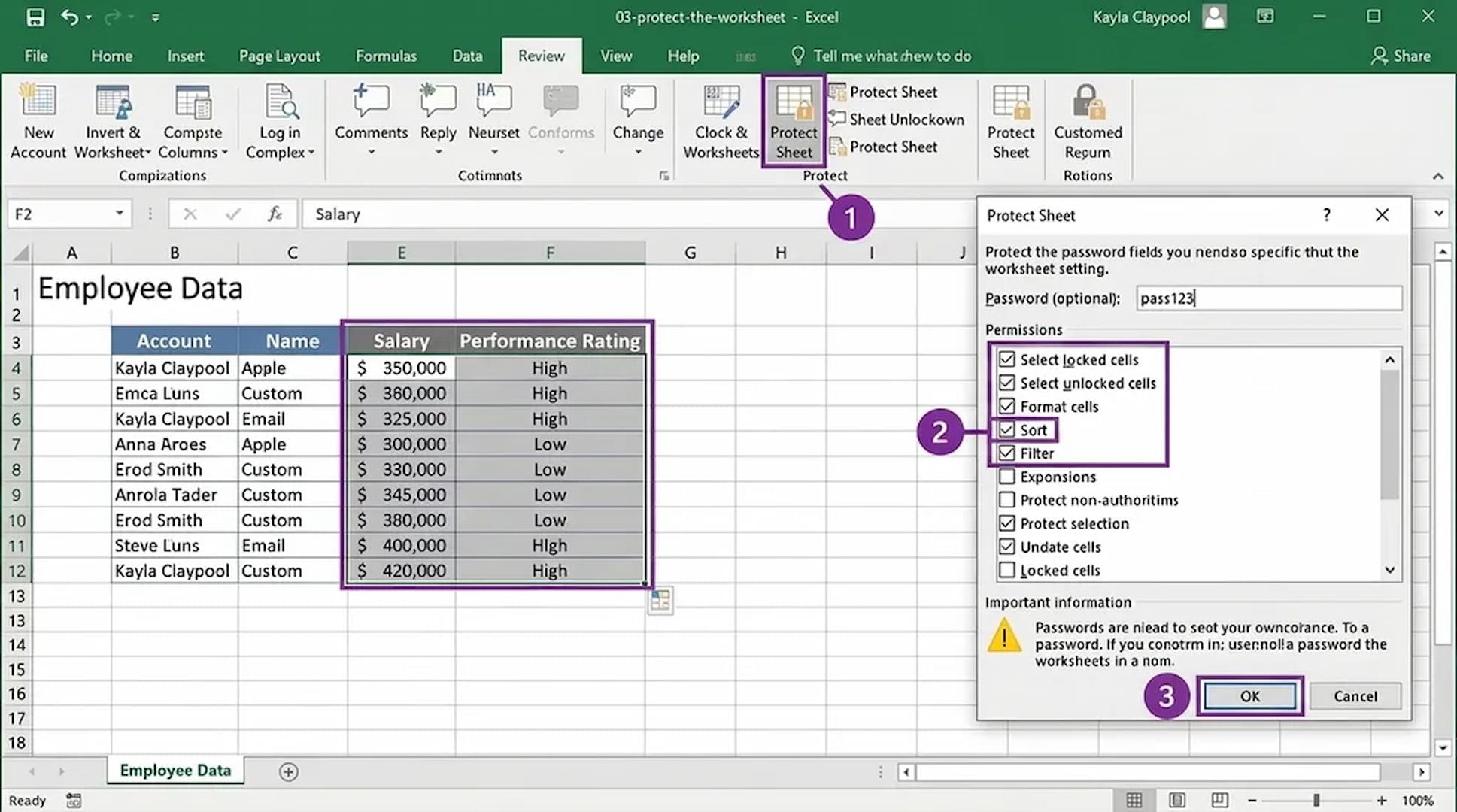 excel review tab showing protect sheet option and worksheet protection settings enabled