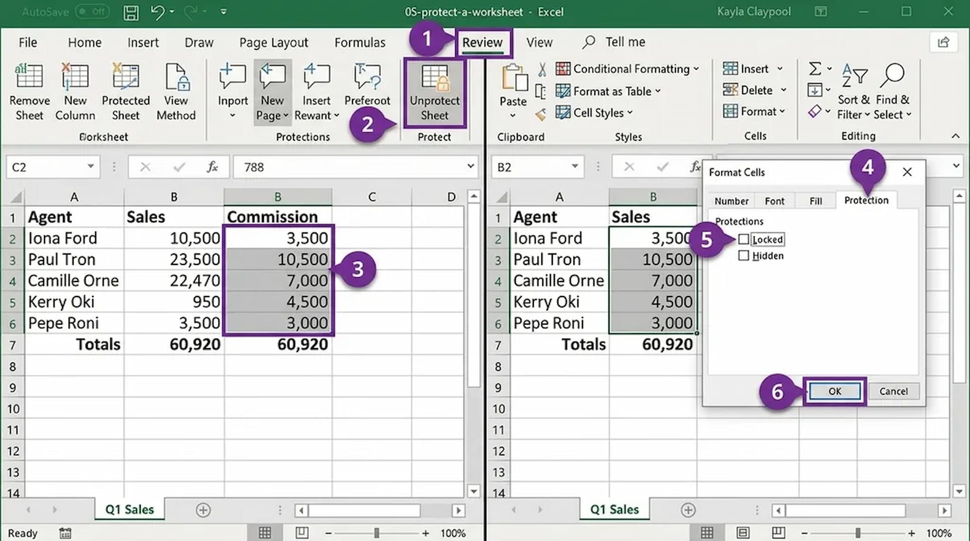 excel screenshots showing how to unprotect a sheet and unlock editable cells in excel