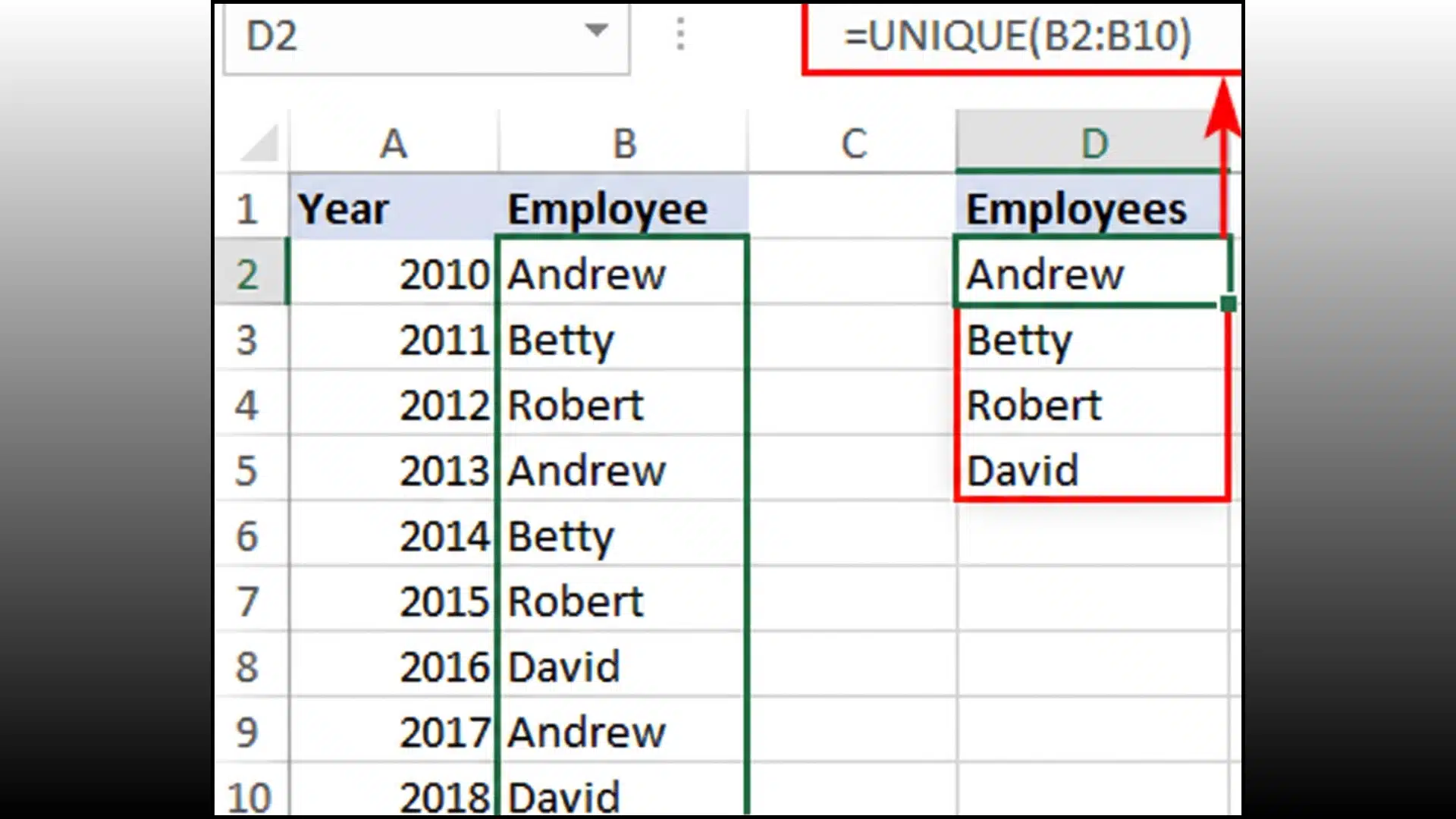 excel spreadsheet showing unique formula extracting employee names from a data list table