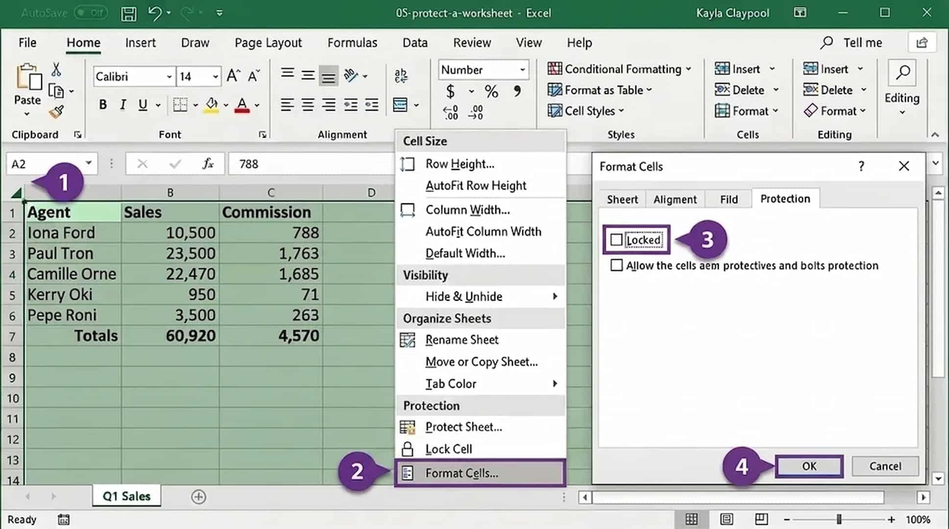 excel worksheet showing how to unlock all cells before protecting specific cells