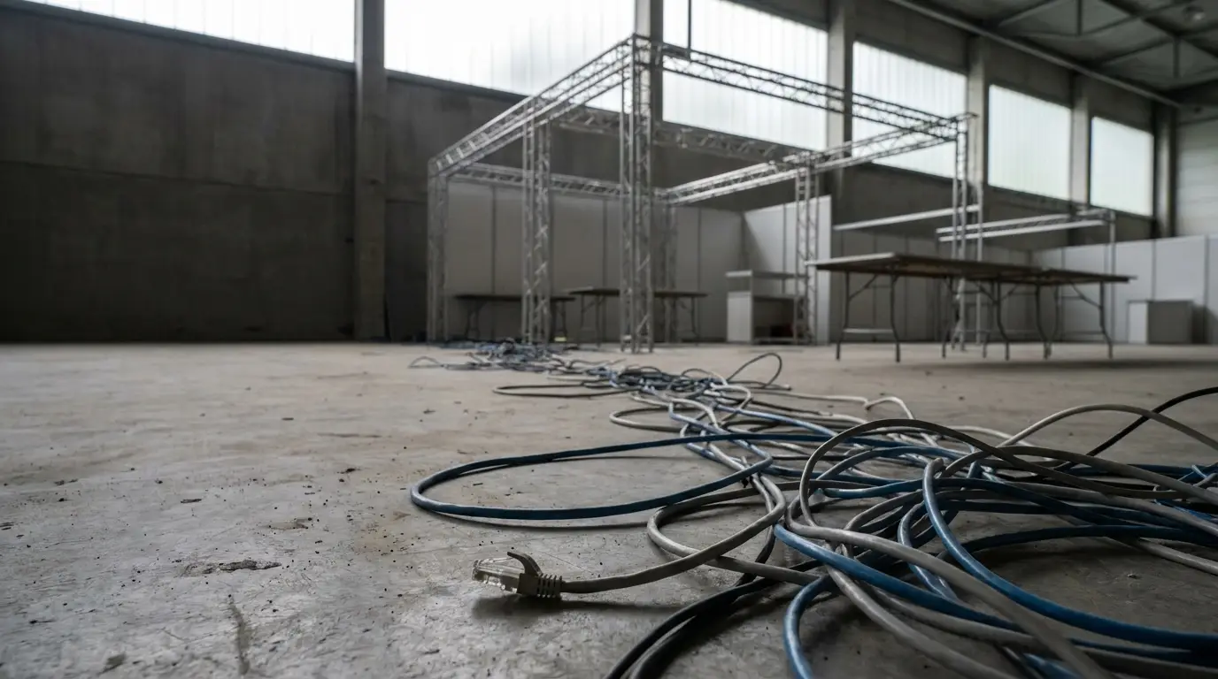 Cables strewn across concrete floor in empty industrial space with metal framework in background