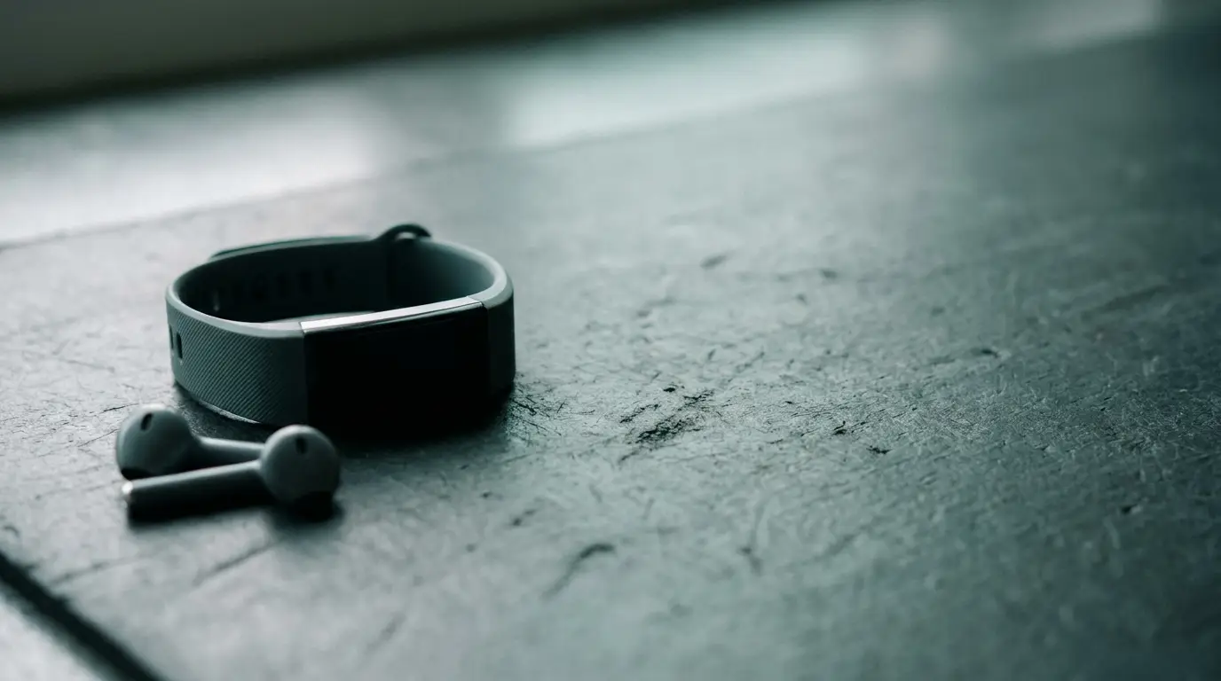 Fitness tracker and wireless earbuds on textured dark surface in soft natural light