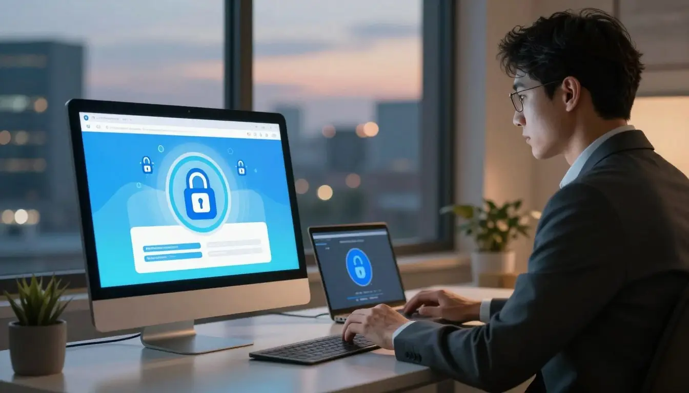 Person in office working on computer displaying cybersecurity lock screen at dusk