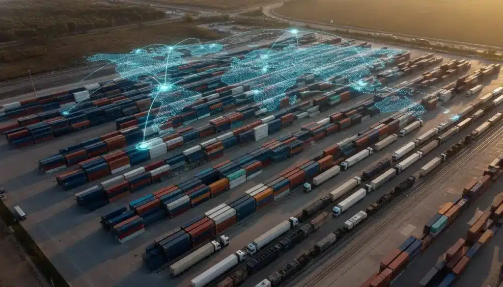 Shipping containers in a large freight yard with digital world map overlay at sunset