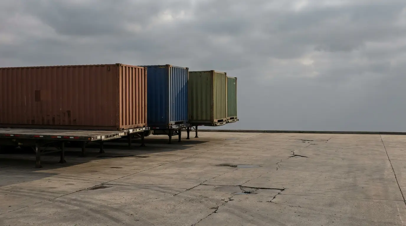 Empty shipping containers on trailers in an overcast industrial lot