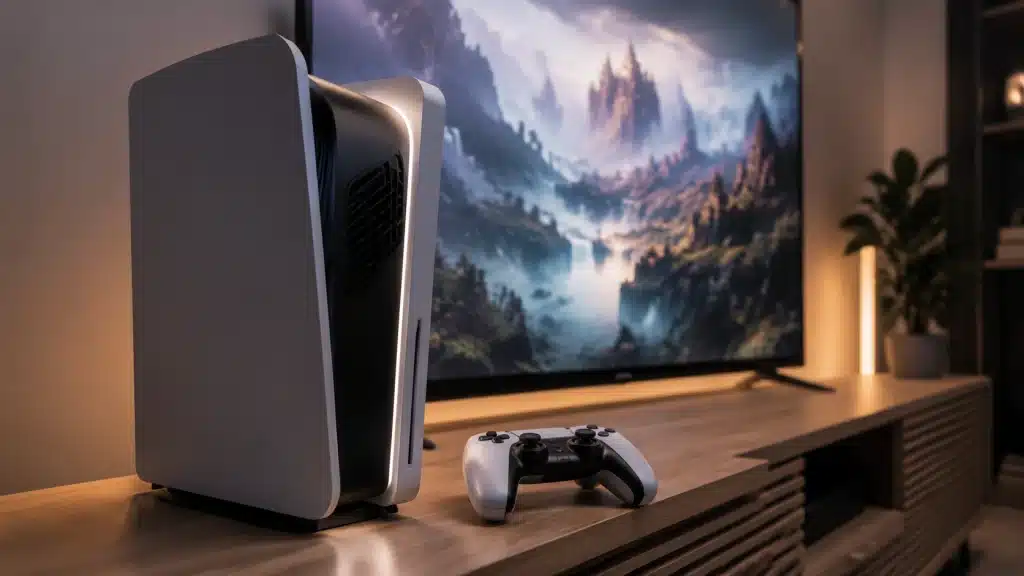 futuristic next generation gaming console setup representing ps6 release rumors