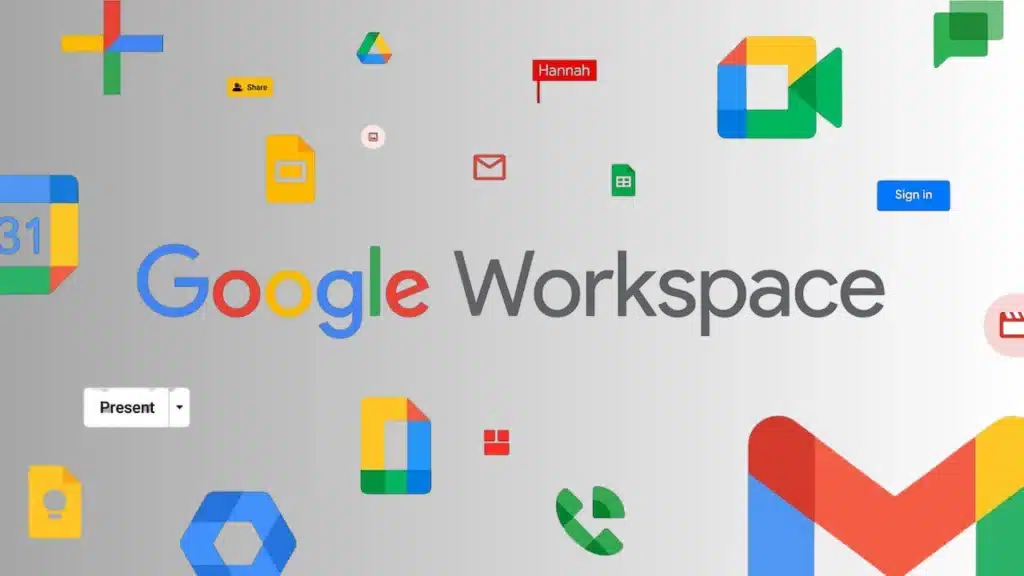 google workspace logo with google apps icons including gmail drive calendar meet and docs