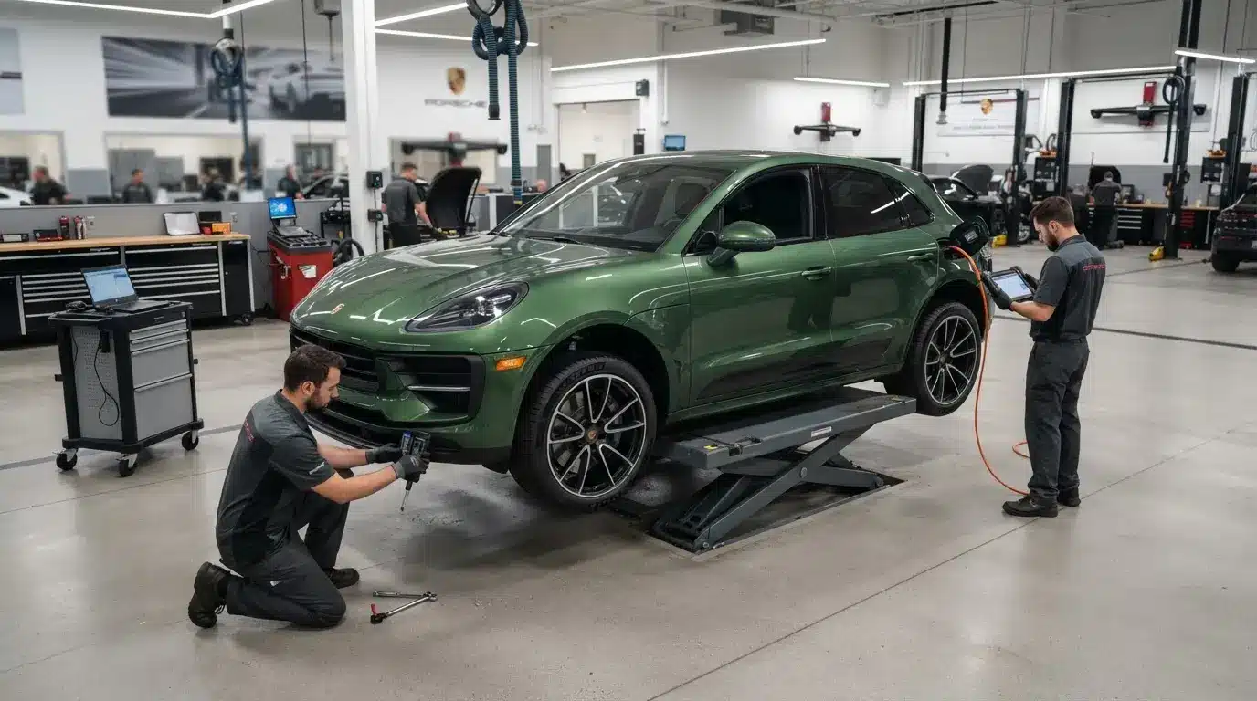 green porsche macan ev at a premium maintenance site with one serviceman near the bonnet and another near the rear wheel