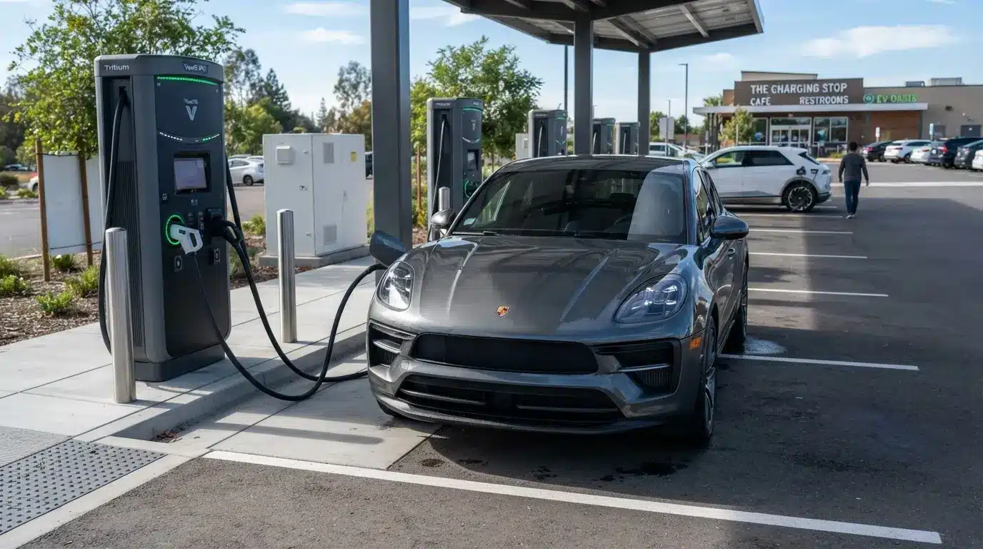 grey porsche macan ev charging at a gas station on a sunny day with clear sky and sleek metallic body reflecting light