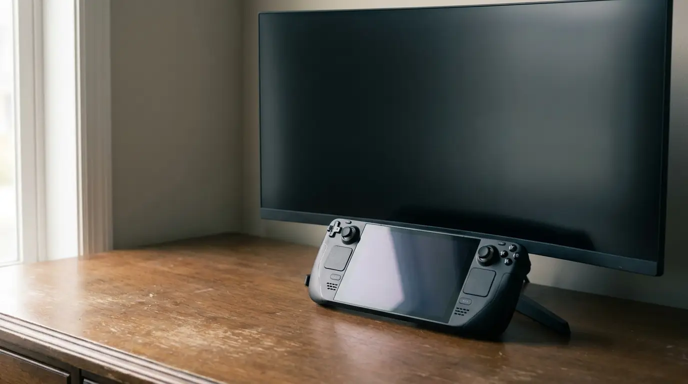 Handheld gaming device resting against a large monitor on wooden desk in natural light