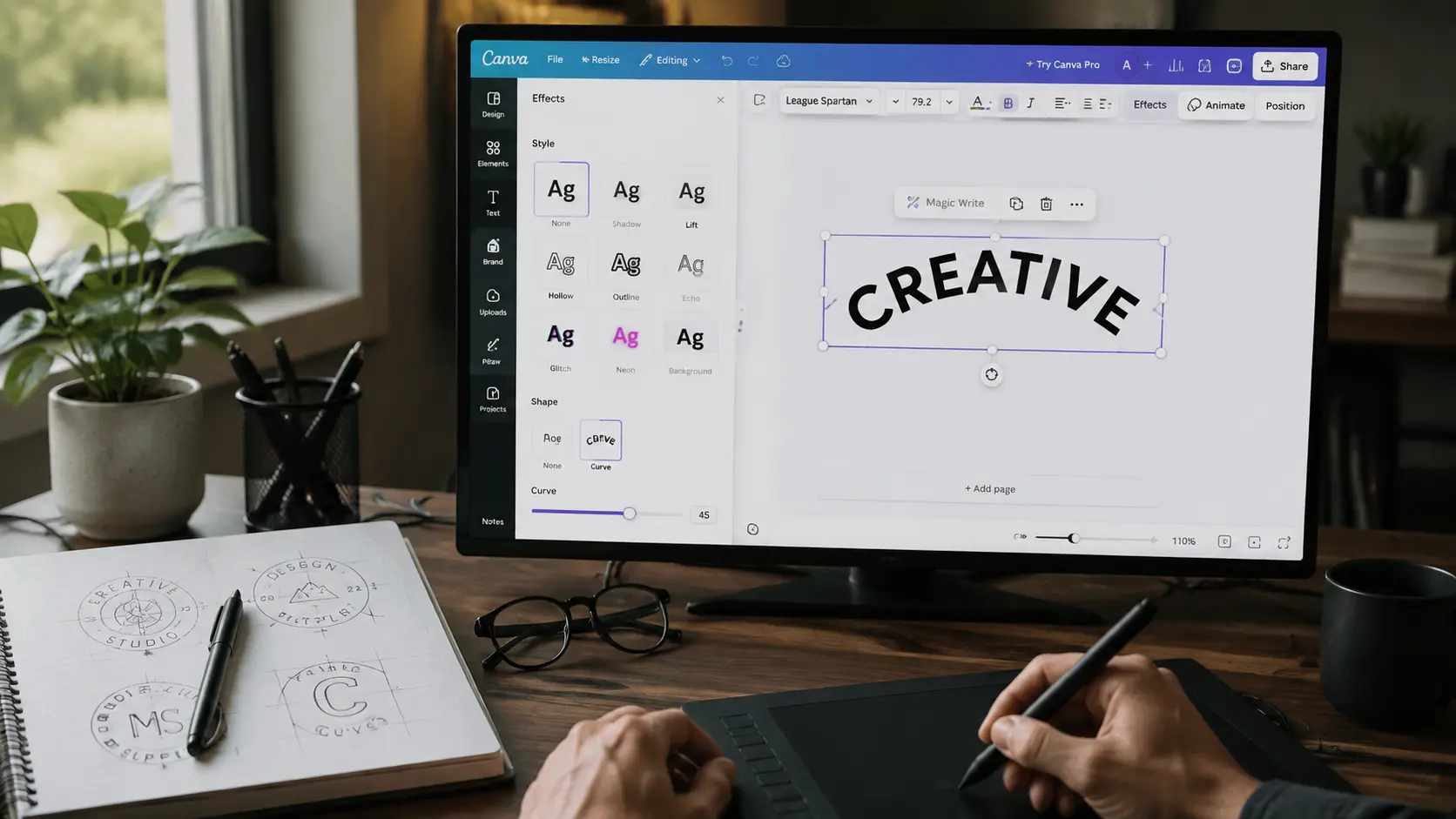 hands adjusting a stylus near a monitor showing canva effects panel with curve slider mid drag, sketched logo notebook and glasses resting on the desk nearby