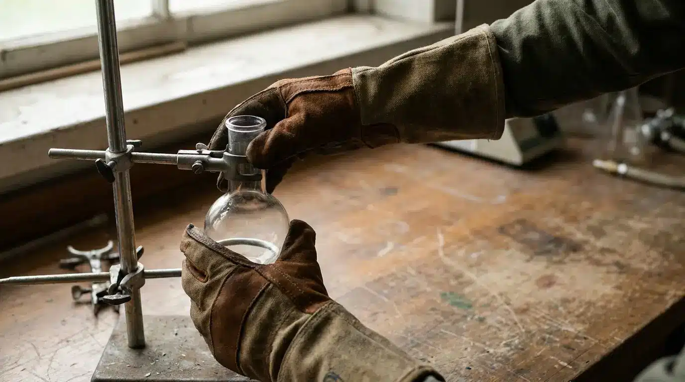 Laboratory glassware held by gloved hands on a wooden workbench in natural light