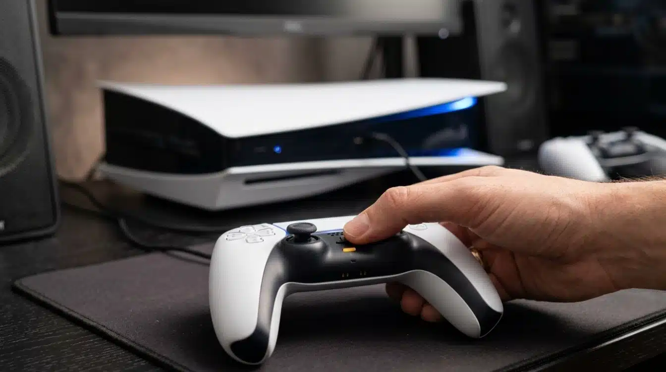 hands pressing the DualSense controller button with PS5 console in background