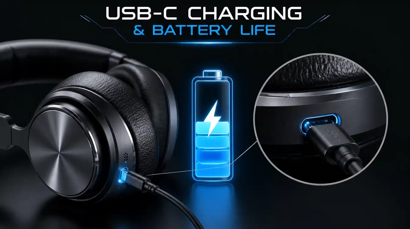 headphones connected with usb c charging cable showing battery icon and charging port closeup for battery life comparison