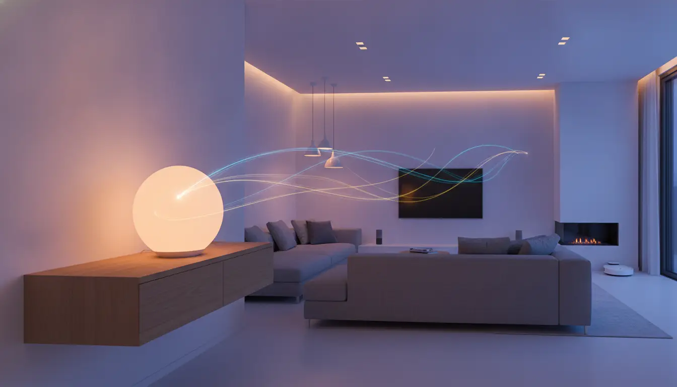 Modern living room with glowing orb lamp, grey sofas, and wall-mounted TV under ambient lighting