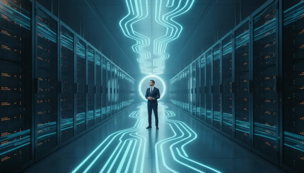 Man in suit standing in futuristic data center with glowing blue lights and servers